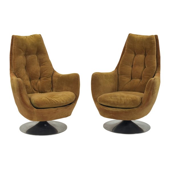 Milo Baughman high-backed lounge chairs, pair, signed: Milo Baughman high-backed lounge chairs, pair, by Thayer-Coggin, aluminum pedestal bases, chairs tilt and swivel, upholstered in the original gold velour, one signed with Milo Baughman for Thayer Cogg