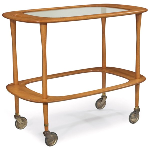 Italian tea cart: Italian tea cart, designer unknown, curved frame over tapered legs, glass tops, cutout handles, on castors, unsigned, 31"w x 17.5"d x 25.5"h, very good original condition