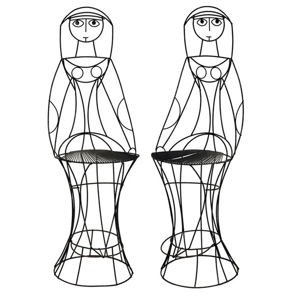 John Risley high stools, pair: John Risley high stools, pair, USA, c. 1965, figural forms constructed of black enameled steel, original finish, 19"w x 18"d x 57"h, seats are 27"h, very good original condition