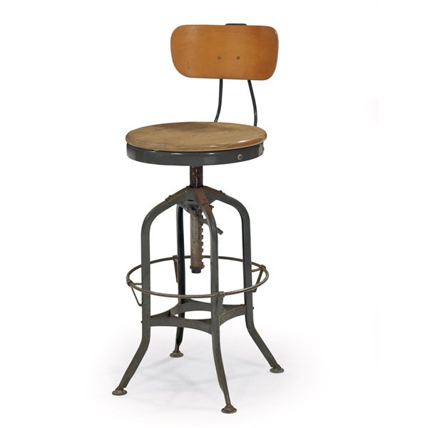 Toledo Furniture "UHL" drafting stool: Toledo Furniture "UHL" drafting stool, gray metal frame, round wood seat and molded plywood backrest, seat height adjusts, round foot rail, backrest height adjusts, original finish, unsigned, as shown