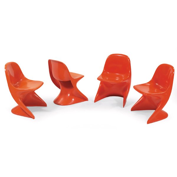 Alexander Begge child's chairs, four: Alexander Begge child's chairs, four, by Casalino, molded orange plastic, 1970s, 14"w x 14"d x 20.75"h, original finish, very good condition