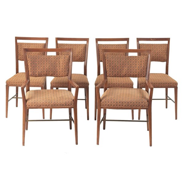 Paul McCobb dining chairs: Paul McCobb dining chairs, by Calvin, set of six, mahogany, square tubular brass stretchers, two arm chairs and four side chairs, original finish, armchairs: 22.25"w x 22"d x 36"h, foam is hard, some 
