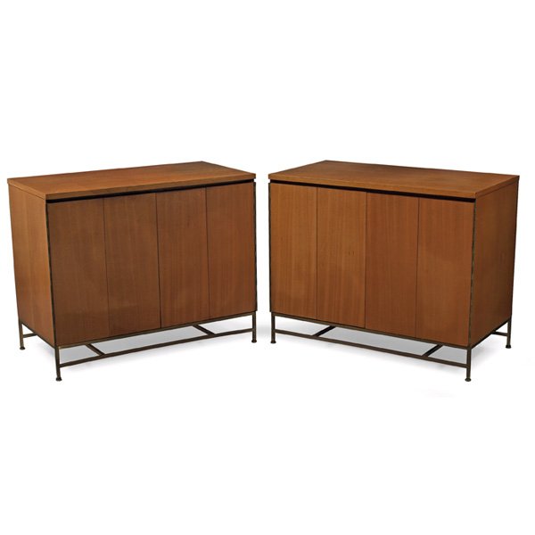 Paul McCobb Irwin Collection cabinets: Paul McCobb Irwin Collection cabinets, pair, by Calvin, 1950s, mahogany cases with folding doors over brass frames, one cabinet is outfitted for a turntable and stereo with LP record storage, backs ar