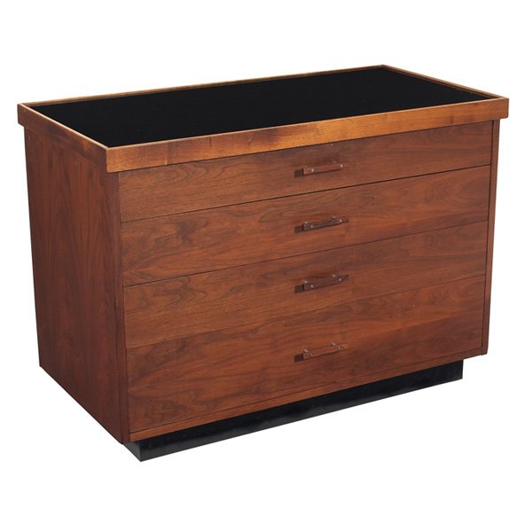 Greta Grossman cabinet, by Glenn of California: Greta Grossman cabinet, by Glenn of California, walnut, four drawers with the original rosewood bar pulls, black laminate top, back is finished, platform base, original finish, signed with Glenn label