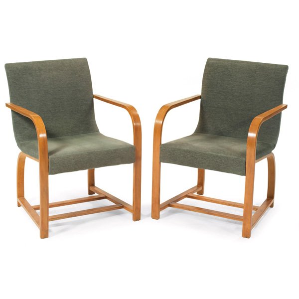 Gilbert Rohde armchairs, pair, by Heywood Wakefield: Gilbert Rohde armchairs, pair, by Heywood Wakefield, 1940s, bentwood walnut frames, seats upholstered in gray-green fabric, original finish, signed with paper label, 33"w x 22"d x 26"h, excellent cond