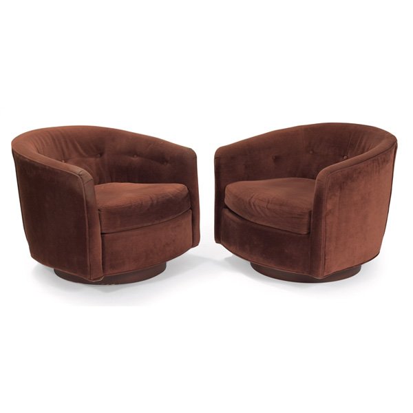 Selig barrel-back lounge chairs: Selig barrel-back lounge chairs, pair, 1960s, upholstered seats with tufted backs swivel over round wood bases, original brown velour upholstery, original finish, signed with Selig labels, 29"w x 31"d
