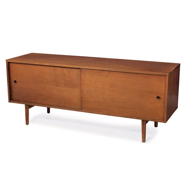 Paul McCobb Planner Group cabinet: Paul McCobb Planner Group cabinet, by Winchendon, maple case with two sliding doors, signed with Planner Group label, original finish, 60"w x 18"d x 24.5"h, stain to top, good original condition