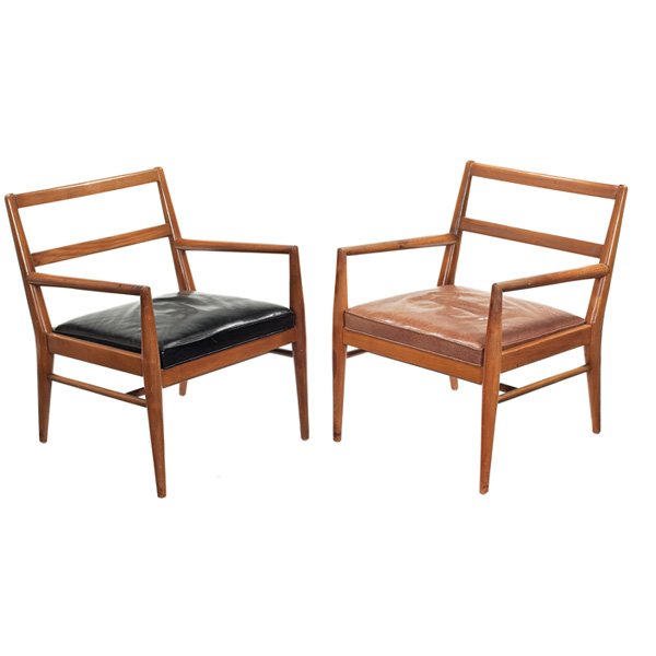Robsjohn-Gibbings style lounge chairs: Robsjohn-Gibbings style lounge chairs, pair, bleached wood, rounded frames, original leather upholstery, no back cushions, original finish, unsigned, 24"w x 25"d x 30.5"h, good original condition