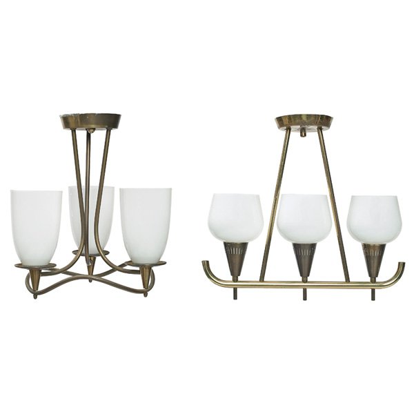 Lightolier hanging light fixtures: Lightolier hanging light fixtures, two, USA, 1950s, brass forms with opaque white glass shades, marked with Lightolier label, 14"dia x 14"h and 17"w x 4.5"d x 16"h, very good condition