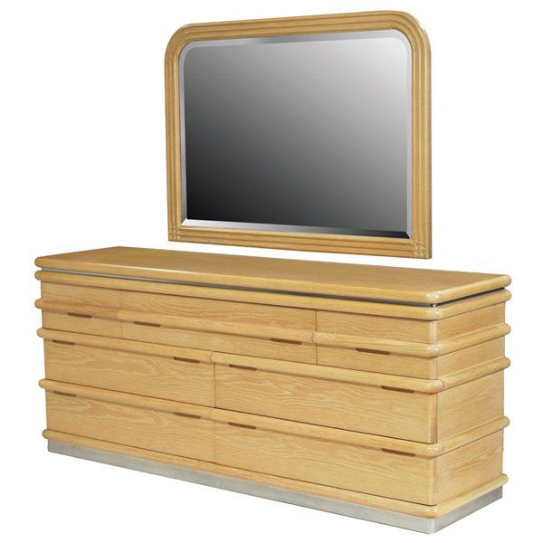 Jay Spectre dresser cabinet and mirror: Jay Spectre dresser cabinet and mirror, by Century Furniture, pickled oak form with seven drawers and distinctive rounded trim, platform base with metal trim, signed with Jay Spectre metal tag, origin