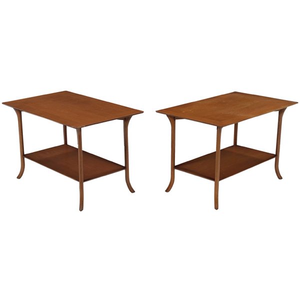 T.H. Robsjohn-Gibbings end tables: T.H. Robsjohn-Gibbings end tables, pair, by Widdicomb, rectangular tops with contrasting grain trim around edges over lower shelves with four round legs which flare at the bottom, original finish, mar
