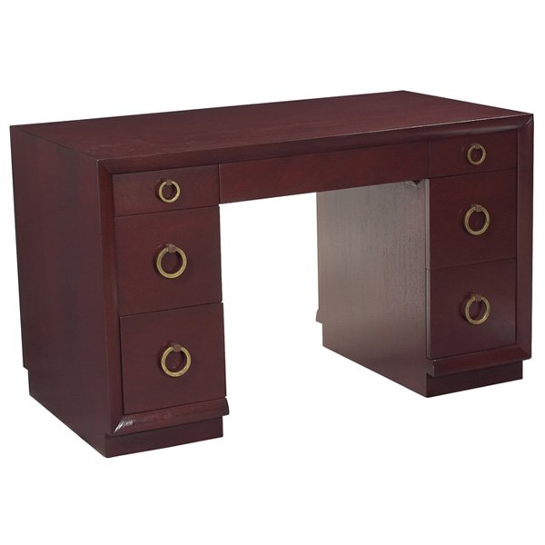 T.H. Robsjohn-Gibbings desk: T.H. Robsjohn-Gibbings desk, by Widdicomb, mahogany, seven drawers with original brass ring pulls, finished on all sides, marked with Widdicomb tag, 48"w x 26"d x 29.75"h, opening is 23.25"w x24.5"h, 