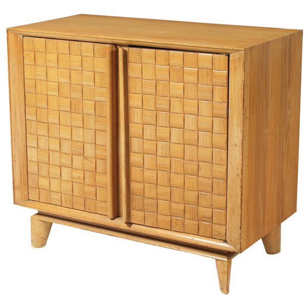 Paul Laszlo cabinet: Paul Laszlo cabinet, by Brown-Saltman, California, USA, oak, two doors featuring Laszlo's signature covering of carved wood patchwork squares, original finish, signed with Brown-Saltman decal, 39"w x