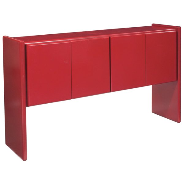 Milo Baughman cabinet, by Thayer Coggin: Milo Baughman cabinet, by Thayer Coggin, slab sides, four doors, interior contains two drawers, shelf missing, refinished, signed with Thayer Coggin label, 65"w x 17"d x 36.25"h, good condition