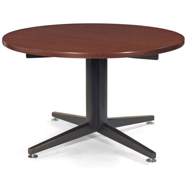 Edward Wormley dining table: Edward Wormley dining table, by Dunbar, round mahogany top over a sculptural wood base with metal disk feet, original finish, signed with brass D tag, 48"dia x 29"h, very good original condition