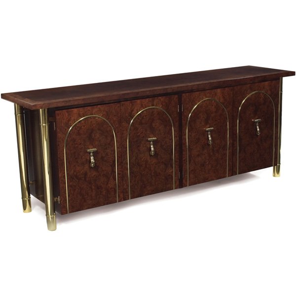 Mastercraft credenza, USA: Mastercraft credenza, USA, polished brass legs support a suspended cabinet, four drawers with brass trim and the original brass pulls, burled walnut doors and trim, interior consists of shelves and dr