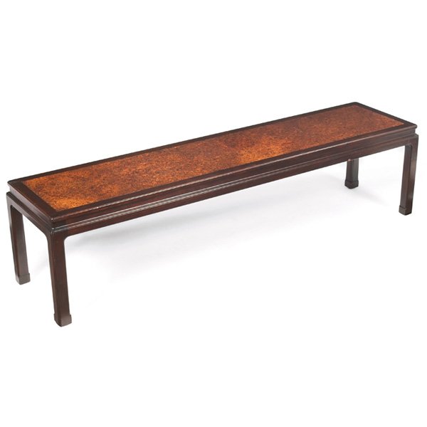 Edward Wormley coffee table, cork and mahogany: Edward Wormley coffee table, by Dunbar, mahogany frame with inset cork top over four legs, original finish, branded "Dunbar" mark, 62.5"w x 15"d x 16"h, very good original condition