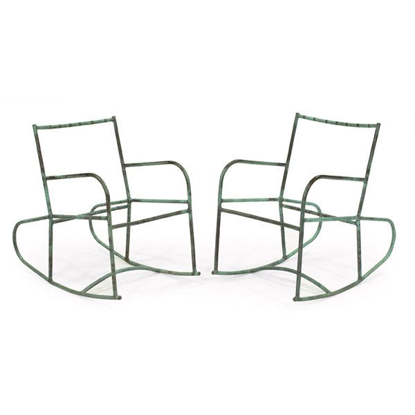 Walter Lamb rocking chair frames, pair, by Brown Jordan: Walter Lamb rocking chair frames, pair, by Brown Jordan, copper, rope seats are missing, original finish, original patina, 21"w x 33.5"d x 31.5"h, very good original condition