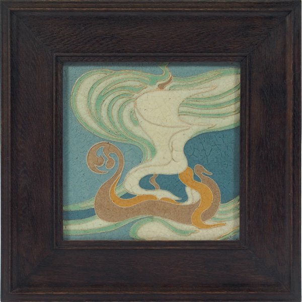 Grueby tile Art Nouveau sailing ship: Good Grueby tile, Art Nouveau depiction of a sailing ship, held in an oak frame, 8.5"w x 8.5"h, overall: 14"w x 14"h