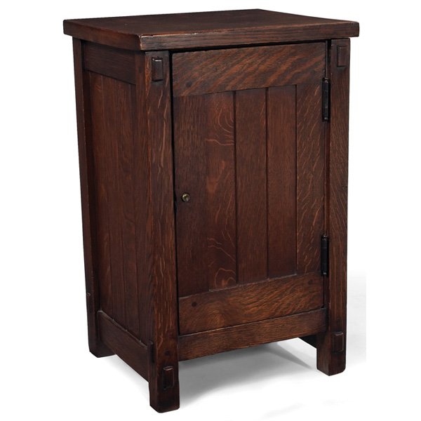 Gustav Stickley smoker's stand: Gustav Stickley smoker's stand, #522, single door with chamfered board front and sides supported by thru-tenon construction, complete interior, signed with red decal, nicely refinished, 17"w x 15"d x 