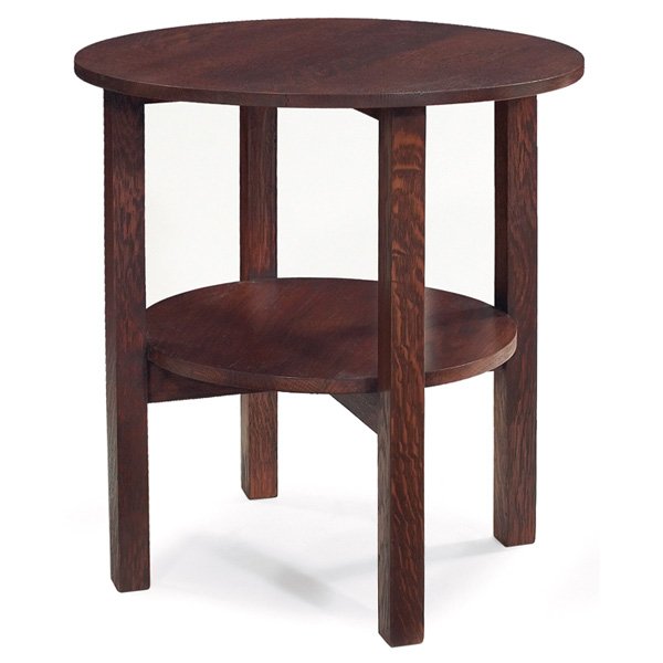 L & JG Stickley tea table: L & JG Stickley tea table, #512, circular top above a lower shelf supported by cross-stretcher base, refinished, unsigned, 24"dia x 26"h, very good condition
