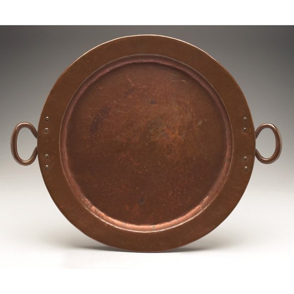 Gustav Stickley charger hammered copper: Gustav Stickley charger, double handled form in hammered copper, original patina, signed with impressed mark, 20"w