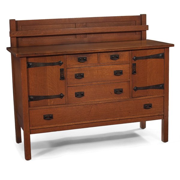 L & JG Stickley sideboard: L & JG Stickley sideboard, #735, plate rail at back above a series of drawers and doors with original copper and strap hardware, original finish, unsigned, 56"w x 22"d x 46.5"h, very good condition