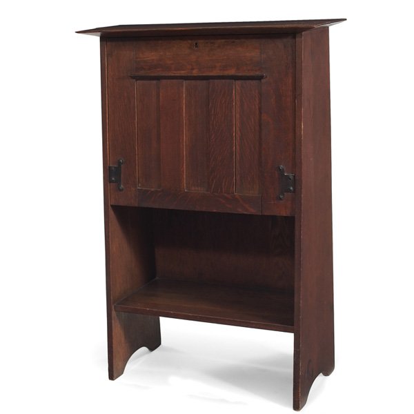 Gustav Stickley ladies' desk: Gustav Stickley ladies' desk, #706, paneled drop-front form with iron hinges opens to a complete interior above a lower shelf, signed with red decal, original finish, 30"w x 11.5"d x 44"h, very good c