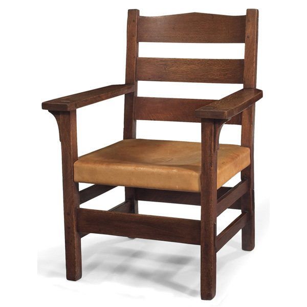 Early Gustav Stickley armchair: Early Gustav Stickley armchair, #2632, three horizontal slats at back with peaked top slat supported by thru-tenon construction, refinished, recovered hard leather seat, unsigned, 27.5"w x 23"d x 37.5