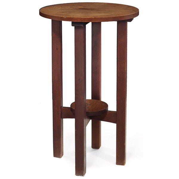 L & JG Stickley drink stand: L & JG Stickley drink stand, #573, circular top over lower shelf held by cross-stretcher base, cleaned original finish, wear to top, unsigned, 18"dia x 29"h, very good condition
