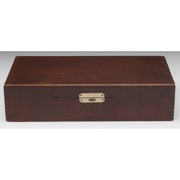 Arts & Crafts cigar box: Arts & Crafts cigar box, wooden with tongue and groove construction, interior of lid features a portrait print of Elbert Hubbard, brand on bottom reads: Varios, Factory No. 1, 2nd Dist. N.Y., partial 