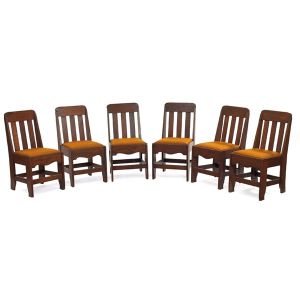 Arts & Crafts chairs set of six 6 Charles Limbert: Arts & Crafts chairs, in the manner of Charles Limbert, set of six, three vertical slats at back above a recovered seat and shaped rail, refinished, unsigned, 17"w x 18.5"d x 34"h, very good condition