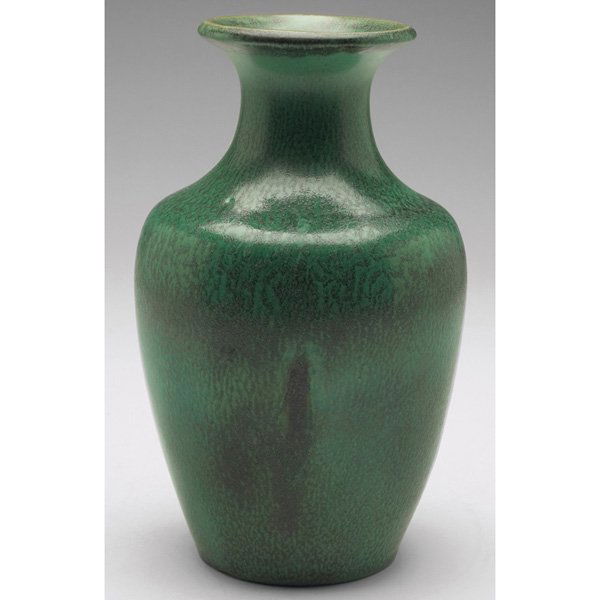 Teco vase green matte glaze: Teco vase, #65, probably designed by W.D. Gates, shouldered form in a good green matte glaze with charcoal highlights, impressed marks, 5"w x 8"h
