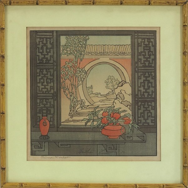 Bertha Lum Chinese Window woodblock print: Bertha Lum (American 1869-1954) "Chinese Window," 1926, woodblock print, pencil signed, dated and titled, 9.5" x 9.5", framed