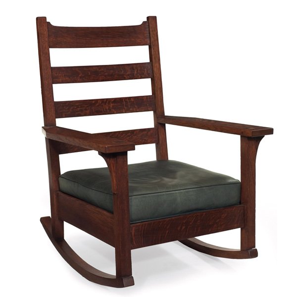 Gustav Stickley rocker: Gustav Stickley rocker, #319, "U" Back form with horizontal slats above a recovered seat and back cushion (not shown), cane foundation with some damage, refinished, unsigned, 29"w x 33"d x 40"h, good 