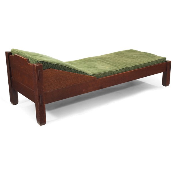 Stickley Brothers daybed: Stickley Brothers daybed, #596, slanted headrest with thru-tenon construction supports recovered cushions, good original finish, numbered, 29.5"w x 76.5"l x 25"h, very good condition
