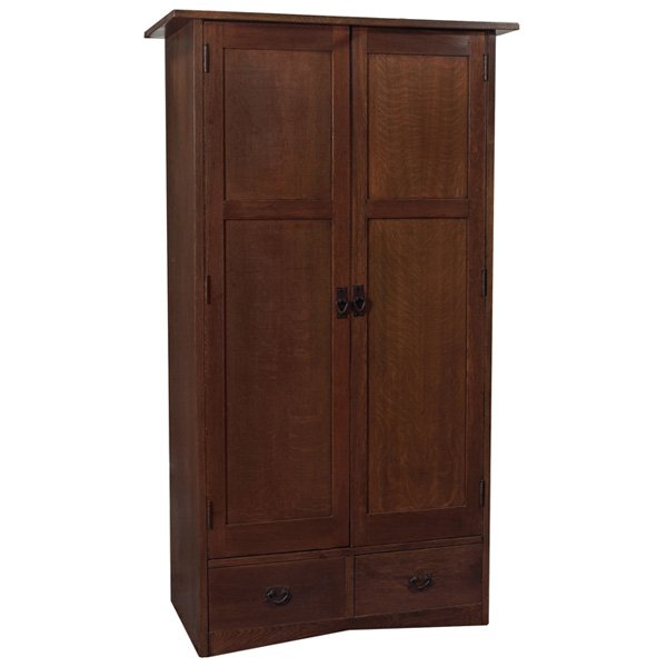 Gustav Stickley wardrobe: Gustav Stickley wardrobe, large un-catalogued form, paneled doors above two drawers with original iron hardware and inverted "V" toe-board, interior consists of five fixed shelves, refinished, signed 