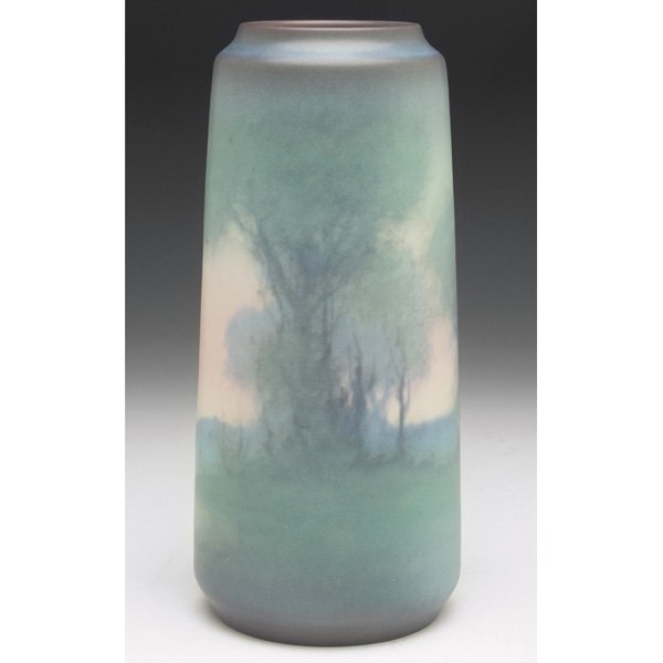 Rookwood vase Vellum glaze E.T. Hurley: Rookwood vase, Vellum glaze with a finely painted landscape, executed by E.T. Hurley in 1919, #2067, 4"w x 8"h, uncrazed