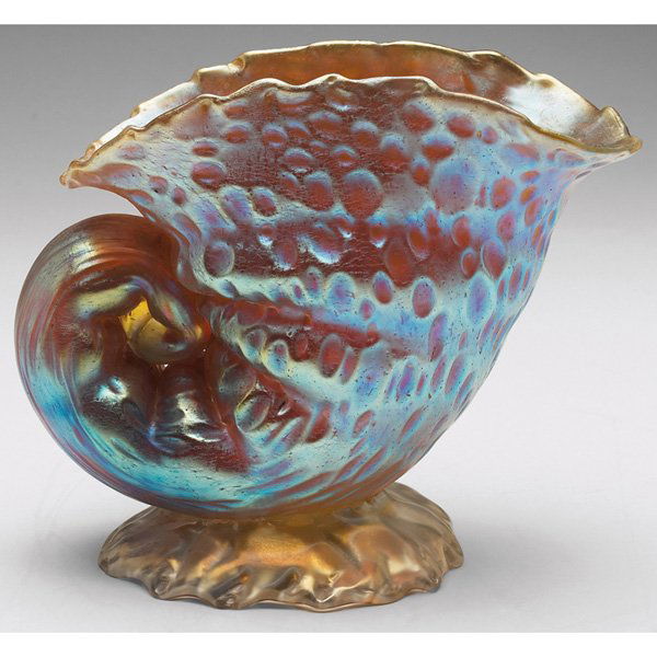 Loetz Diaspora vase: Loetz Diaspora vase, cornucopia shape in brilliant candia glass, 7"w x 6"h, minor chips
