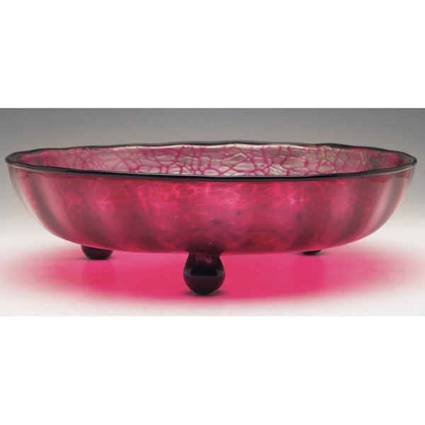 Loetz Ausfuhrung bowl: Loetz Ausfuhrung 134 bowl, large and footed form in rosa colored glass with brilliant silvery highlights and applied black rim, marked, 12"w x 3.5"h