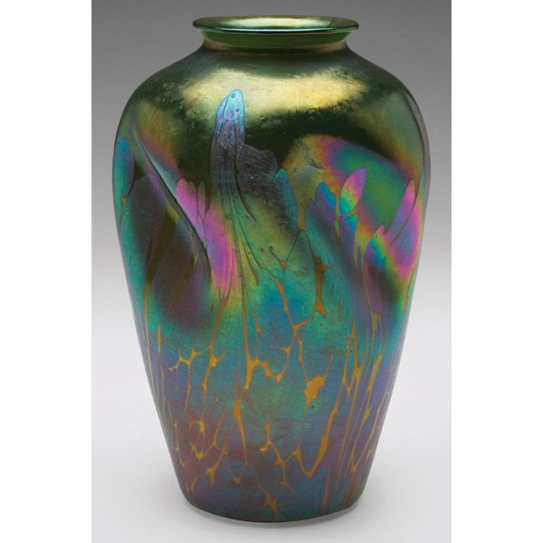 Loetz Medici vase: Loetz Medici vase, indented form in creta glass, beautiful purple and blue iridescence to decoration, 4.5"w x 7"h