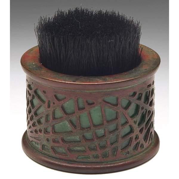 Tiffany Studios pen brush: Tiffany Studios pen brush, bronze in the pine needle pattern, over green glass, original patina, brush insert, signed Tiffany Studios, New York, #981, 2.5"w x 2"h