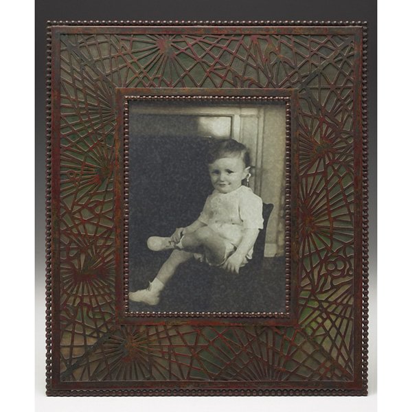 Tiffany Studios frame: Tiffany Studios frame, bronze in the pine needle pattern, over green and caramel glass, original patina, beaded edges, signed Tiffany Studios, New York, #947, 8"w x 9.5"h