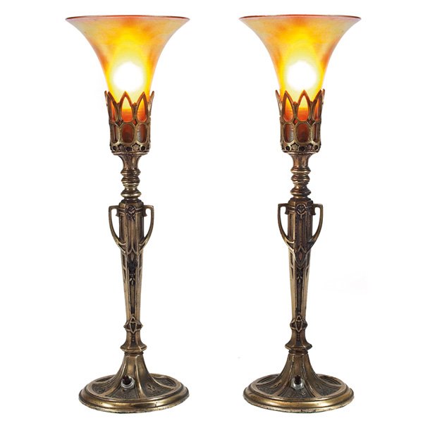 Oscar Bach lamps: Oscar Bach lamps, attribution, pair, incised floral bases support Steuben glass shades, 4.75"dia x 15"h, very good condition