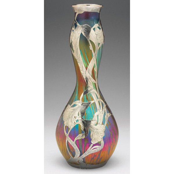 Loetz Medici vase iridescence applied silver overlay: Loetz Medici vase, unusual and beautiful shape with brilliant iridescence, finely applied silver overlay with an elaborate engraved floral design, unmarked, 4.5"w x 12"h