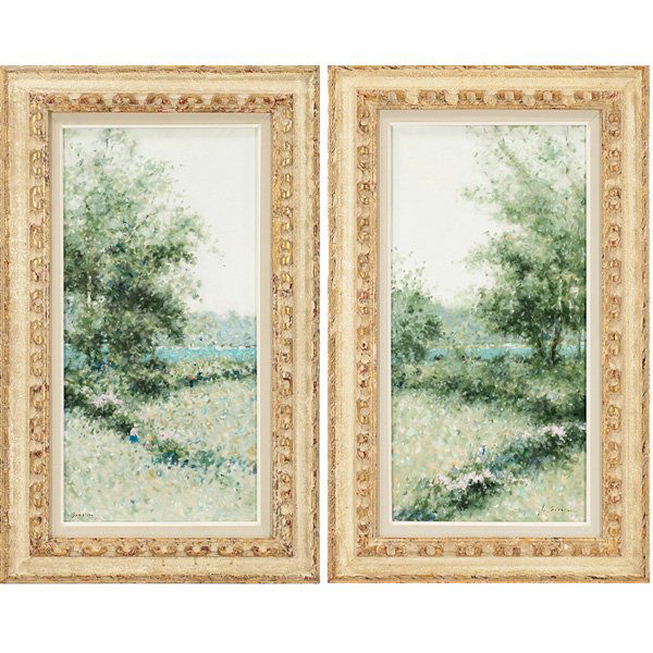 Andre Gisson Landscapes a pair of works oil on canvas: Andre Gisson (American, 1921-2003) "Landscapes (a pair of works)," c. 1960, oil on canvas, 24" x 12", each signed, framed