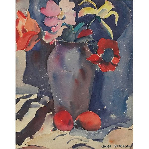 Jane Peterson Still Life watercolor: Jane Peterson (American, 1876-1965) "Still Life," c. 1940, watercolor, 10" x 8", signed lower right, framed