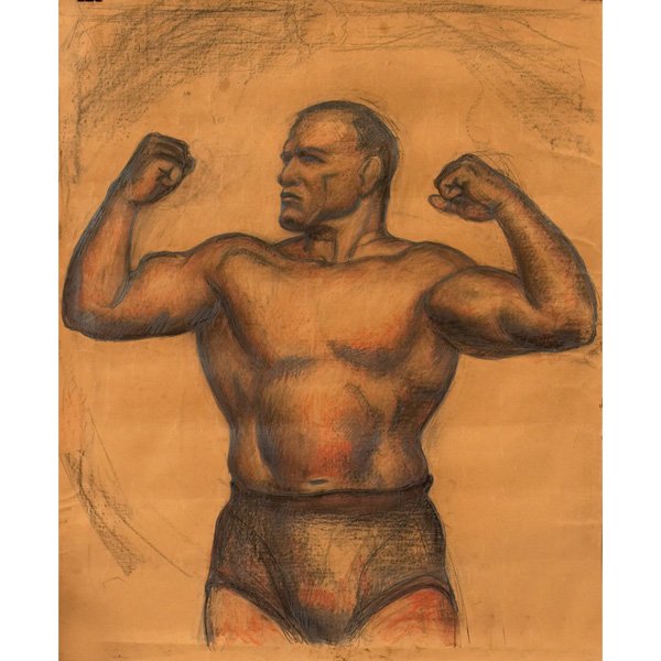 John Steuart Curry Circus, Muscle Man conte crayon: John Steuart Curry (American, 1897-1946) "Circus, Muscle Man," c. 1930, conte crayon, 39" x 30.5", unsigned, unframed