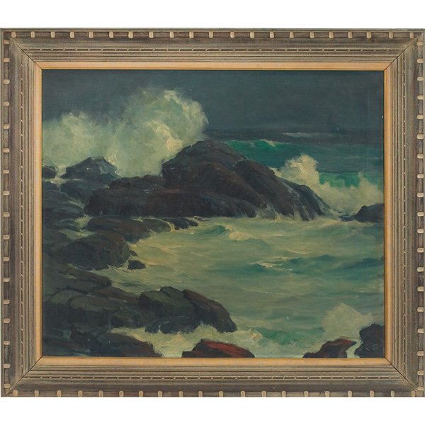 Leon Lundmark Seascape oil on canvas: Leon Lundmark (Swedish/American, 1875-1942) "Seascape," c. 1930, oil on canvas, 25.5" x 30", signed lower left, framed