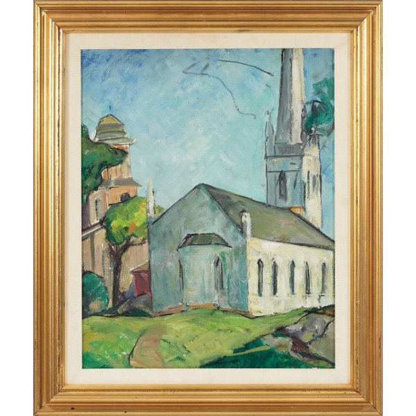 Nellie Augusta Knopf The White Chapel oil on canvas boa: Nellie Augusta Knopf (American, 1875-1962) "The White Chapel," c. 1920, oil on canvas board, 19.75" x 15.75", signed lower right, framed